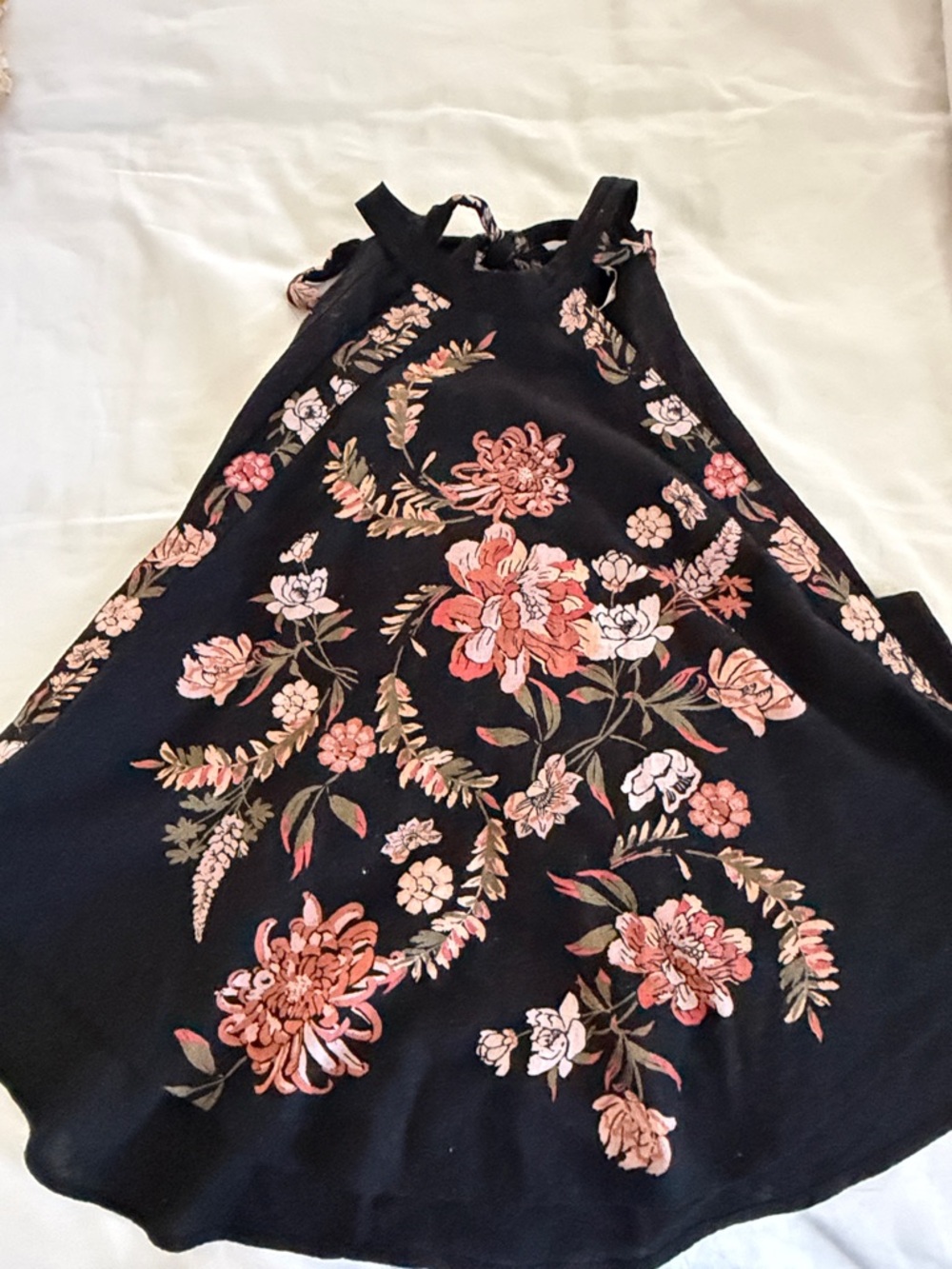 Free People Black Floral Halter Tank Top with Pink and Cream Flowers